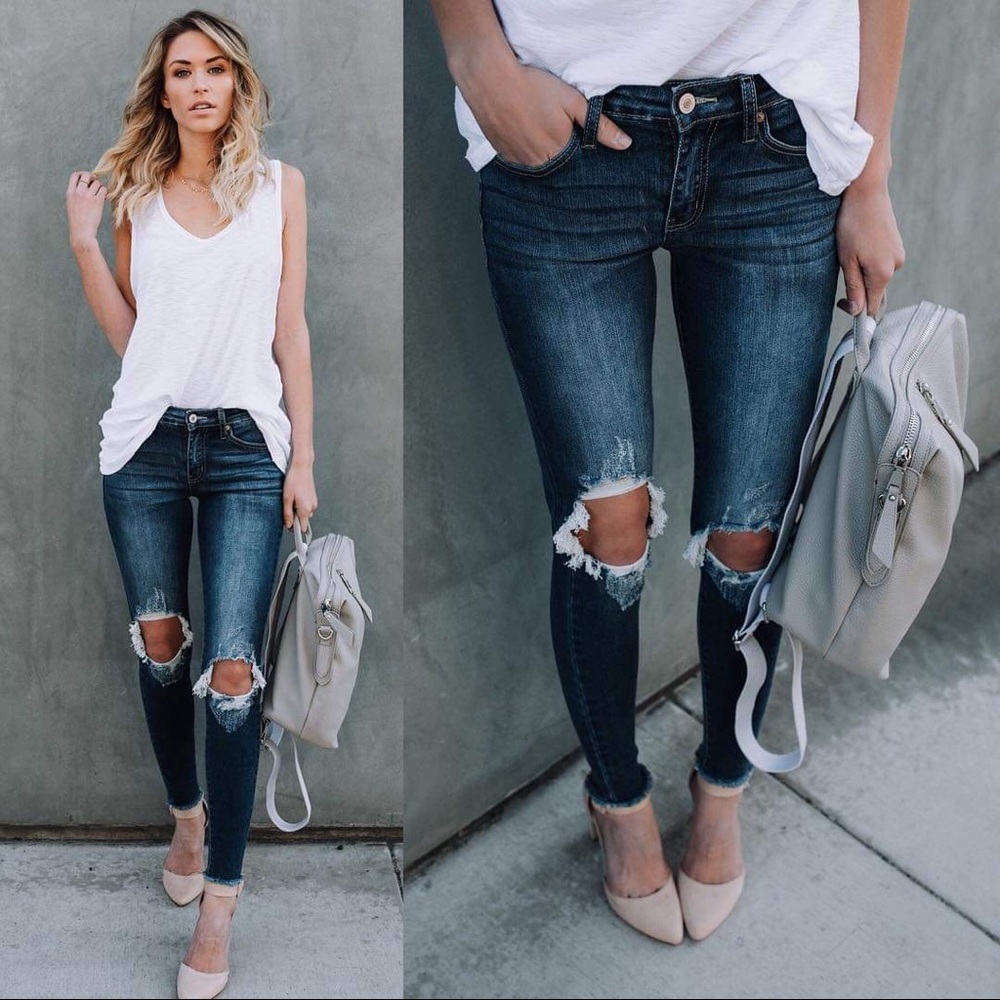 KanCan Roxanna distressed dark frayed ankle jeans